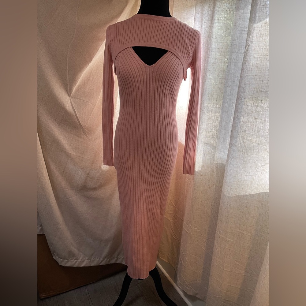 2 piece fitted knitted ribbed pink dress